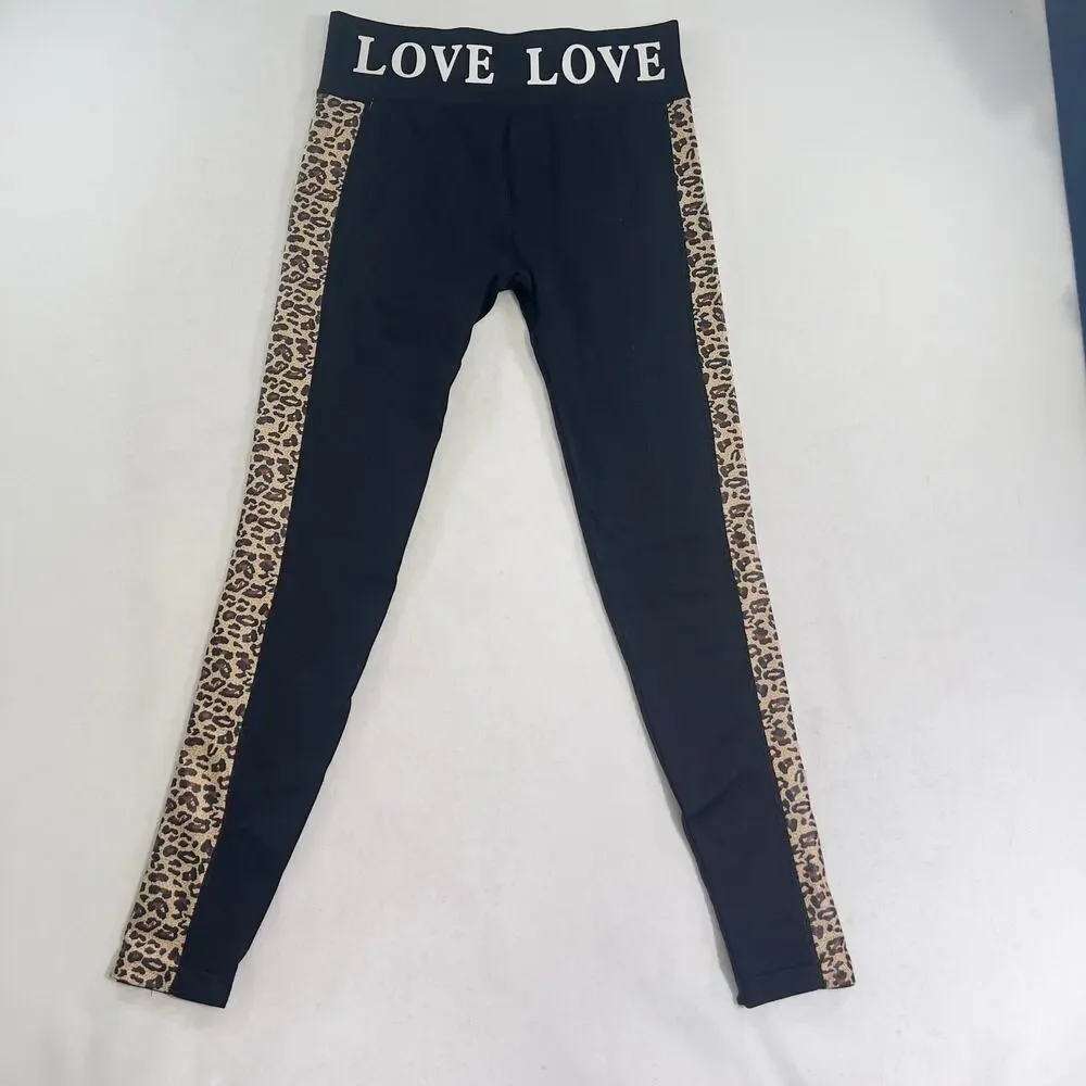 LA Winner Leggings Woman's One Size Workout Pants Animal Print Leopard LOVE Band